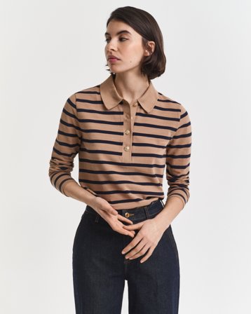 GANT Damen Breton Striped Piqué Langarm-Poloshirt (M) Braun Beige
