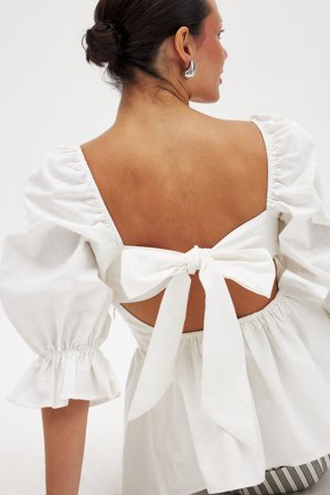 NA-KD Linen Blend Tie Back Blouse - Leinen Kleidung - OffWeiß - EU 44