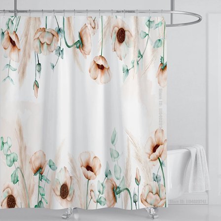 Akvarel Blade Bruseforhæng Sæt Vandtæt Blomsterplante Blade Stof Badeværelsesforhæng med Kroge, B220xH180cm