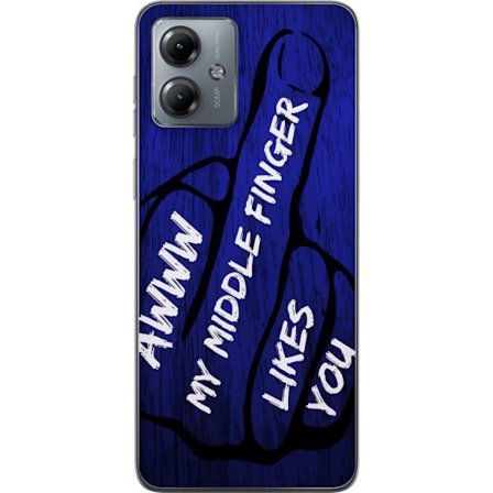 Kompatibelt Mobildeksel til Motorola Moto G14 Mørk typografisk illustrasjon med hjerteform og budskap om vennskap mot dyp blå tretekstur