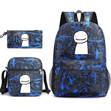 Dreamwastaken Skoleveske, Skulderveske, Skulderveske, Penal, Tredelt Sett, Casual Canvas Reiseveske med Stor Kapasitet Blå blomst~1