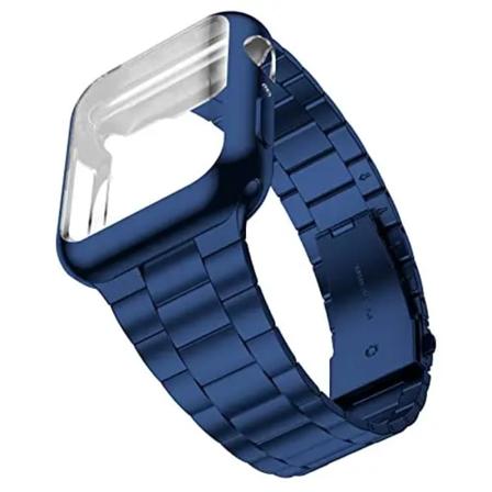 Metallrem + mjukt case För Apple Watch 45 mm 41 mm 44 mm 42 mm 40 mm 38 mm Watch Armband i rostfritt stål för iwatch 7 6 5 4 3 2 SE Blue with Case For