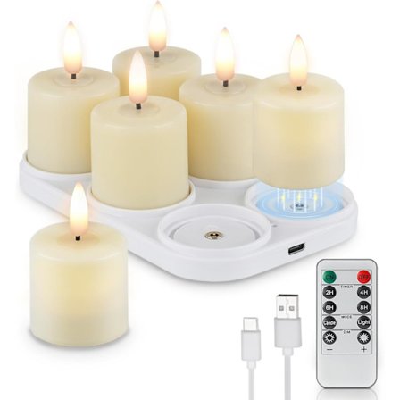Set med 6 Uppladdningsbara Flamlösa Votivljus med Timer, LED Faux Batteriljus med Laddningsstation