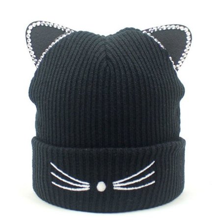 Strikket Katt Skullies Lue Varm Dame Caps SVART svart