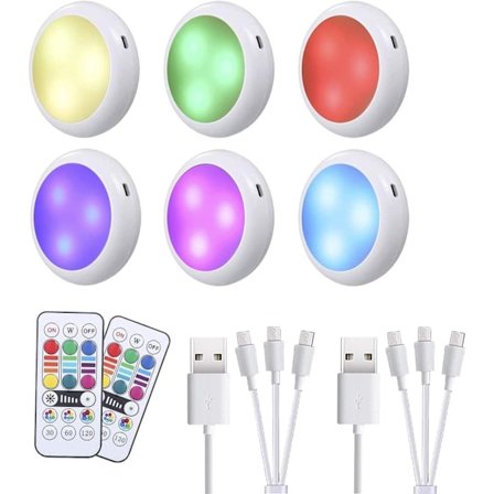 Trådløse LED-lys under skap, USB-oppladbare, RGB-fjernkontroll, justerbar lysstyrke, for kjøkken, bokhylle, utstillingsvindu, pantry. (6 stk)(6,5
