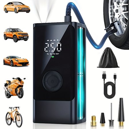 Bilmonterad luftpump, däckpump, bärbar luftkompressor för bilhjul, trådlös pump med LED-belysning, däcktrycksvisning, USB Cha (FMY)