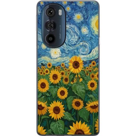 Kompatibel Mobilcover til Motorola Motorola Edge 30 Pro Solsikkefelt under en stjerneklar himmel - Maleri inspireret af Van Gogh