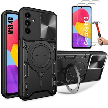 Coque - BOOLING - Samsung Galaxy M13 - Svart - 2 Härdat Glas - Stöd Ring