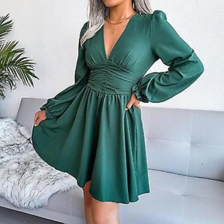 Dam V-ringad Klänning Vinter Höst Elegant Fest Långärmad Sexig Klänning (L Grön)