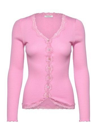 Rwbabette Silk Ls V-Neck Lace Cardi Pink Rosemunde