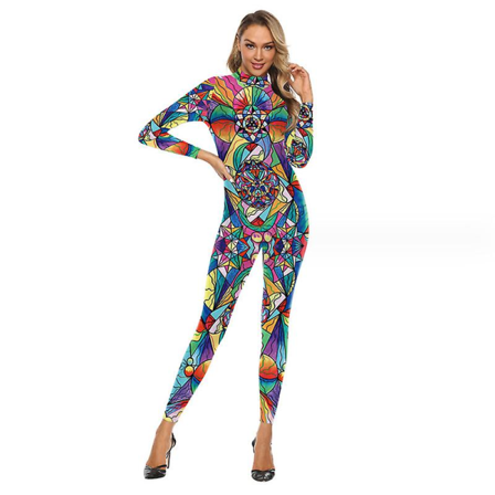 Kvinnors Halloween Cosplay Kostym Rolig Body Print Catsuit 3d Digital Jumpsuit XL