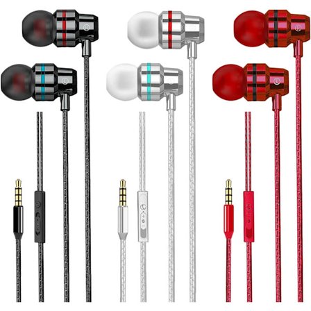 3-pack hörlurar, in-ear-hörlurar med mikrofon och volymkontroll, brusreducerande och djup bas, lätta hörlurar