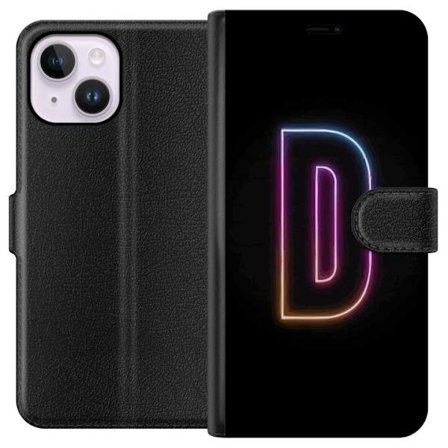 Yhteensopiva Lompakkokotelo Apple Apple iPhone 14 Plus Minimalistinen neonkirjain D väriä vaihtavassa valossa mustaa taustaa vasten modernissa digit