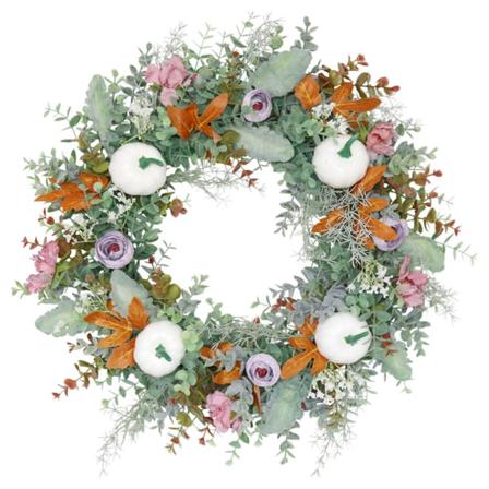 Hengende krans med kunstig hvit gresskar og grønne blader - Thanksgiving, Halloween, høst, dørdekorasjon, gave
