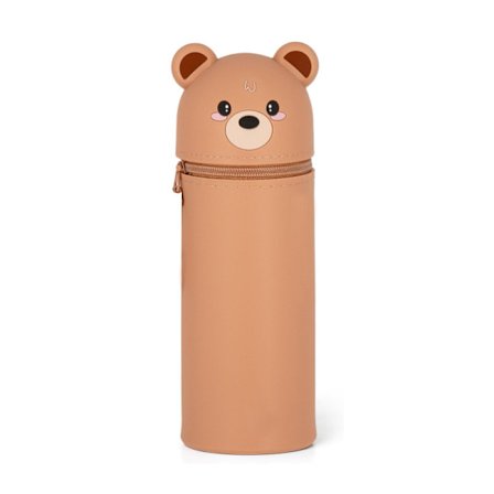 2-i-1 myk silikonholder - kawaii, skrivebordspenneholder, glidelås, silikon, penal, fargeblyanter, H 18,5 cm, panda, kawaii brunbjørn