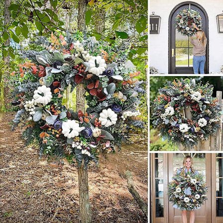 Høstkrans til inngangsdøren, 18'' høstkrans med lønneblad, hvite gresskar og bær, høstkrans