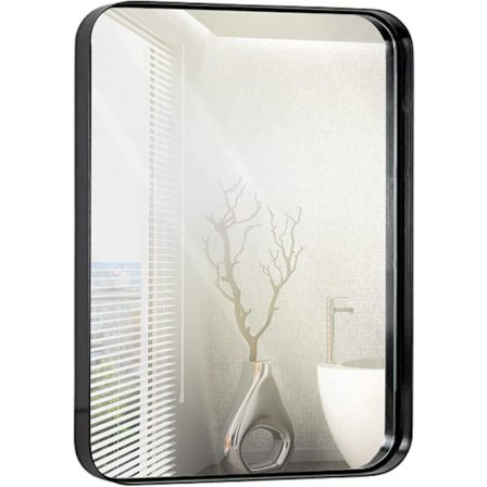 30x40cm Metall Sort Ramme Speil for Bad | Børstet Rektangulær Avrundet Hjørne Toalett | 2" Dyp Innfelt Design Små Veggspeil Dekorativ