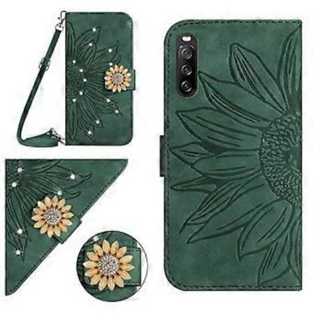 Kompatibel med Sony Xperia 10 V preget solsikke med diamanter magnetisk kortholder lommebok telefondeksel med skulderstropp - Grønn