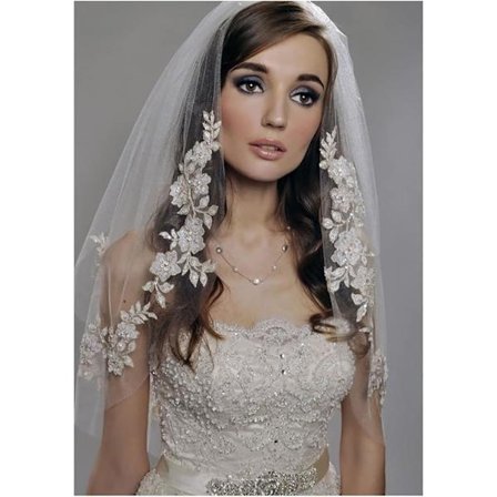 2 Lags Sølvtråds Brude Slør med Blondekant og Perler Albuelængde Brude Slør Hår Tilbehør til Kvinder og Piger Hvid One Size