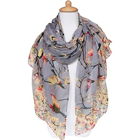 Letvægts tørklæder til kvinder med blomster- og fugleprint i bomuld