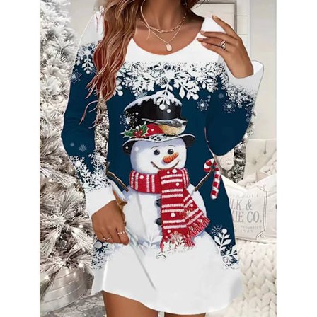Julekjole for kvinner, avslappet, med snøfnugg- og juletreprint, lange ermer, rund hals, lett elastisk