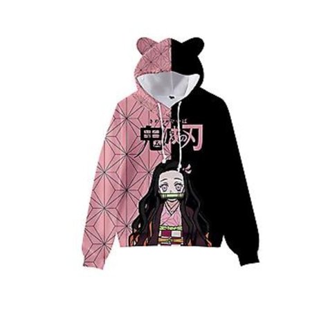 Japansk Anime Demon Slayer hettegenser, Unisex morsom 3D grafisk trykt hettegenser, tenåringers katteører hettegenser, genser for menn og kvinner (M A