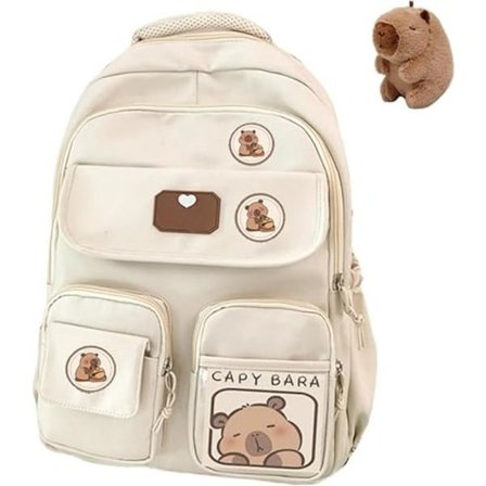 Capybara Backpack for School, Cute Preppy Aesthetic Backpack with Kawaii Pin and Accessories for Girls White with Doll
