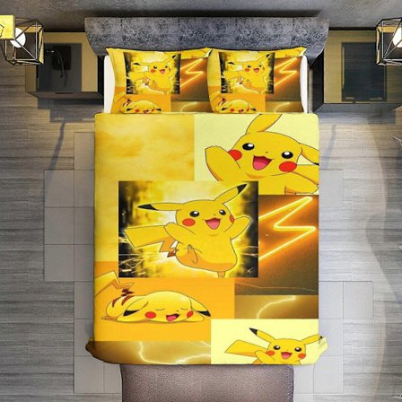 KA590 Pikachu 3-osainen mikrokuidusta valmistettu peittosetti tyynyliinoilla, pehmeä kevyt päiväpeite peitto ympärivuotiseen käyttöön, lakanat RM590