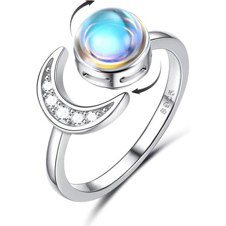 925 Sterling Sølv, Hvitbelagt Månestein Kubisk Zirkonia Chop Ring, Justerbar Stjerne Måne Roterbar