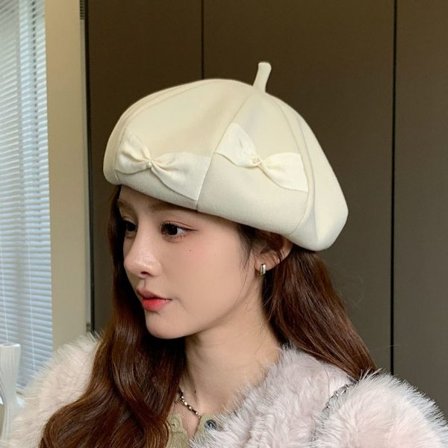 Kvinnor Bowknot Hat Woolen Basker Hat BEIGE