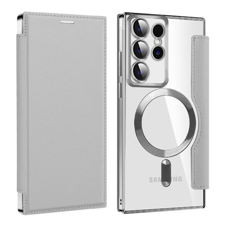 Etui til Samsung S24 grått flip-skinn magnetisk ladebelegg