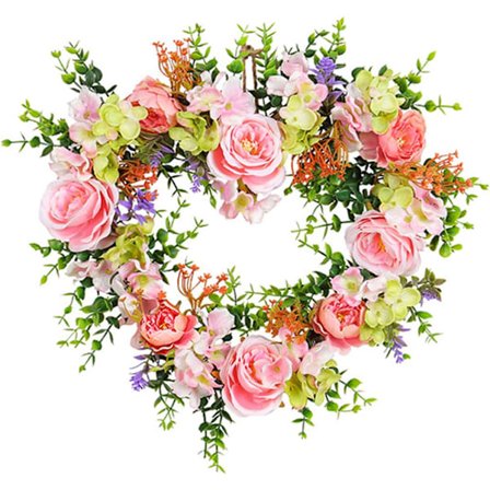 Krans med lyserøde roser og blandede blomster - Kunstig blomsterguirlande til hoveddør, boligindretning, forårs-/sommerdekoration