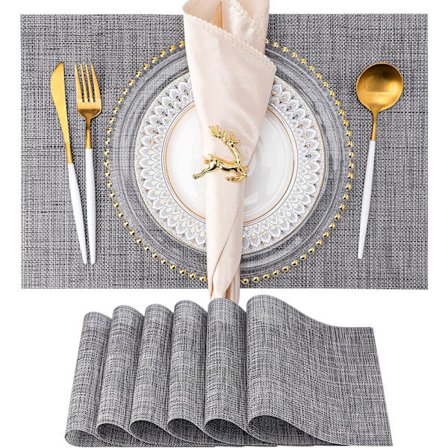 6 uppsättningar tvättbara vinylmattor för matbord inomhus/utomhus Hållbara PVC-vävda bordsmattor (mörkgrå)