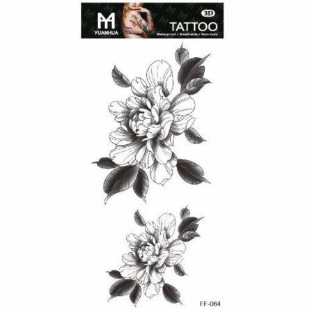 Midlertidig tatovering 19 x 9 cm – Et par svart-hvite blomster m/blad