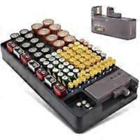 Batterioppbevaringsboks - Rommer 98 AA-, AAA-, 9V-, C-, D- og knappcellebatterier - Batteriorganisator - Vegg- eller skuffemontering - Med innebygd 