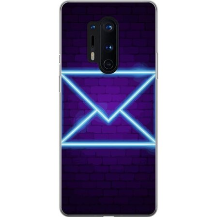 Yhteensopiva Puhelinkuori OnePlus OnePlus 8 Pro Neonilta illuustraatio kirjekuoresta sinisessä valossa lila tiiliseinää vasten, nykyaikainen symbol