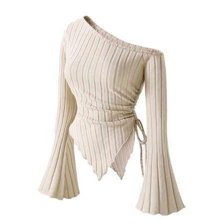 Langermet topp for kvinner, asymmetrisk topp med bare skulder