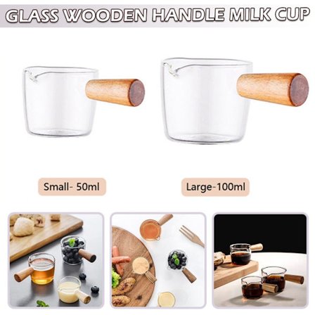 1/2 stk Mini glas mælkekop flødekande med træhåndtag Lille glas kaffe mælke kande Eddike sauce kopper Køkkenværktøj