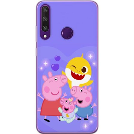 Kompatibelt Mobildeksel til Huawei Y6p Peppa Gris mønster med hjerter, sommerfugler og venner, lys rosa bakgrunn i myke barneillustrasjoner