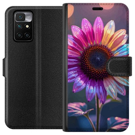 Kompatibelt Lommeboketui til Xiaomi Redmi 10 Irideserende blomst med glitrende kronblad i rosa lilla og gull mot myk bokeh bakgrunn