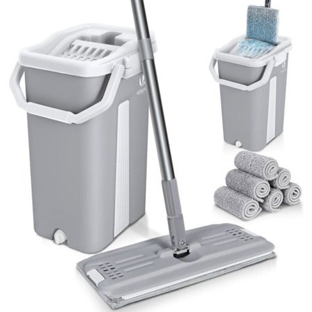 Mikrofiber moppe og vrider spand med 6 genanvendelige mopper flad moppe dobbelt rum grå