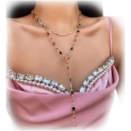 2 stk. Lang krystal brystkæde smykke, lagdelt rhinestone lang kvast kravebenskæde halskæde til kvinder Sort&Guld