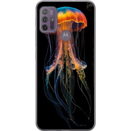 Yhteensopiva Puhelinkuori Motorola Motorola Moto G10 Väriloistava meduusa neonvaloissa mustalla taustalla, taidokkaasti suunniteltu vedenalainen mais