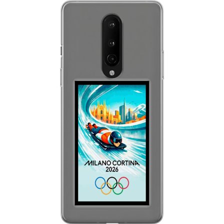 Yhteensopiva Puhelinkuori OnePlus 8 Dynaaminen kelkkailija tai skeleton-ajaja jääkanavalla Milanon Cortina 2026 kanssa, kaupunkinäkymä ja olympialaise