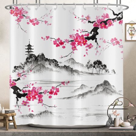 Duschdraperi med Körsbärsblommor 120x180, Asiatisk Japansk Stil Rosa Blommor Duschdraperi Akvarell Berg Konst Badrumsdraperi Vattentätt Polyestertyg