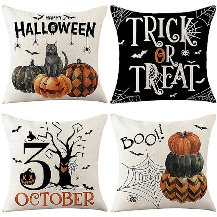 Halloween kuddfodral, Halloween dekoration 18x18 tum Set med 4 Trick or Treat Kuddfodral Happy Halloween Linne Bäddsoffa Cover De
