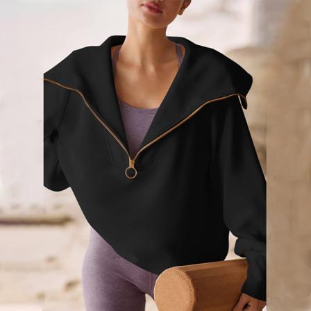 Ladies Front Zip Lapel Ribbed Sweatshirt Enfärgad Jumper Tops