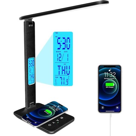 Skrivebordslampe med trådløs opladning – dæmpbar LED bordlampe med ur & USB-port_TF_TF