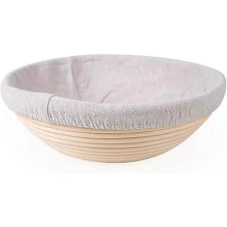 Banneton rund, brotform med Lain-fôr, rund brødkurv, fermenteringskurv for brød, opptil 0,9 kg deig, 25 cm