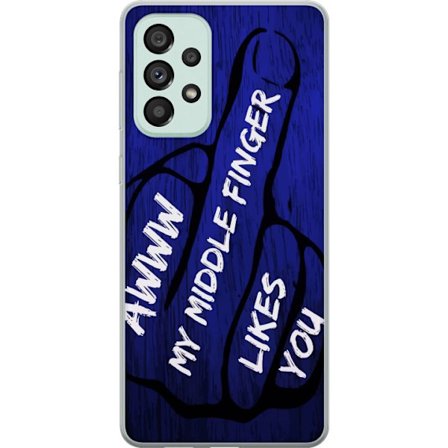 Kompatibelt Mobildeksel til Samsung Galaxy A73 5G Mørk typografisk illustrasjon med hjerteform og budskap om vennskap mot dyp blå tretekstur